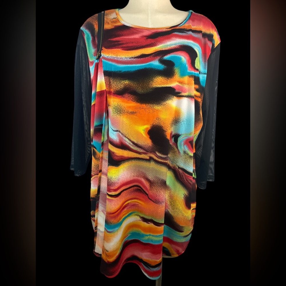Peck & Peck Multicolor Abstract Women's Top with Sheer Sleeves XL